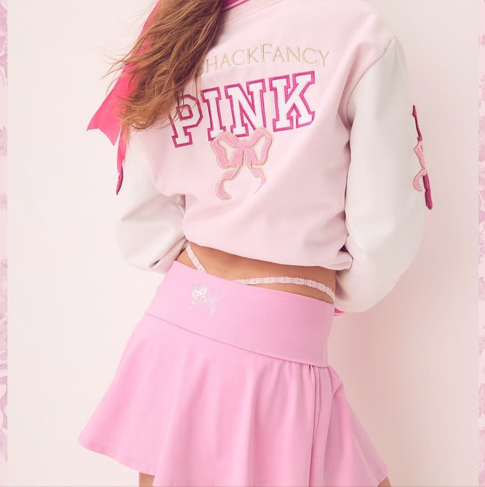 PINK X LOVESHACKFANCY Reissued Boyfriend Varsity Jacket. Size: M